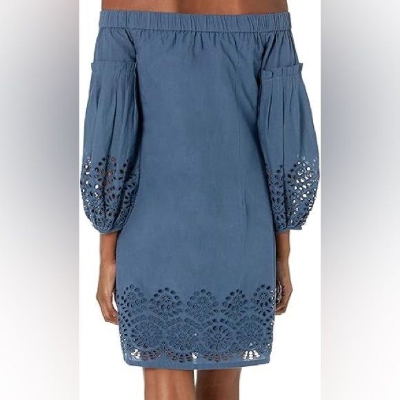 Vince Camino Blue COTTON EYELET OFF THE SHOULDER BALLOON SLEEVE SHIFT DRESS 10 - Picture 4 of 11
